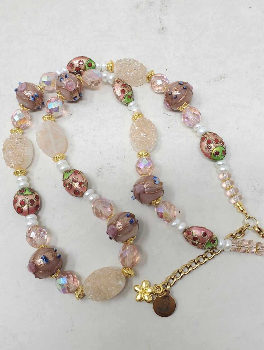 PINK & GREEN CLOISONNE DRUZY LADYBUG NECKLACE - Picture 8 of 8
